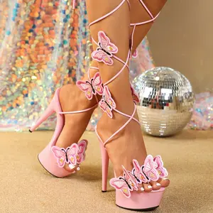 Fashion Shoes Embroidered Butterfly Cross Strap 15CM Platform Sandals Women Sexy Elegant Ladies Wedding Prom High Heels