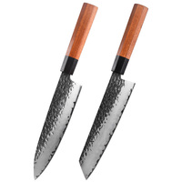 Couteau de chef de cuisine en acier forgé noir martelé avec manche en bois de rose et manche octogonal japonais