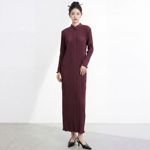 Robe longue en tricot de style chinois PY, col mandarin, manches longues, coupe ajustée, couleur unie, tenue décontractée d'automne - Product Image 4
