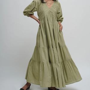 Vestido Casual de Verano para Mujer, Elegante, Cuello en V, Largo Maxi, 100% Lino Ecológico, Cintura Tejida, Oferta, Algodón - Product Image 3