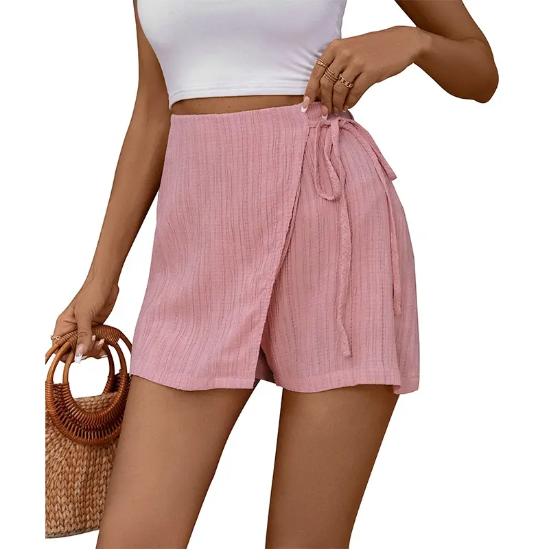 Celana Mini tekstur kasual Jepang dan Korea untuk wanita celana panjang rok pendek elegan renda pinggang tinggi merah muda wanita OEM/ODM