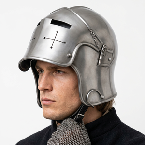 Casco Barbuta Medieval Personalizable Hecho a Mano con Grabado, Armadura de Caballero de Acero Plateado, Estilo Cruzado, Disfraz de Cosplay - Product Image 1