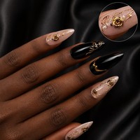 Faux ongles à presser personnalisés en or rose, forme amande, motif vigne 3D noir, gel brillant nude, style gothique de luxe, vente en gros OEM