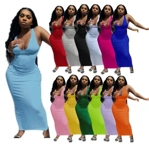2024 Màu Rắn Cộng Với Kích Thước Mùa Hè Dài Sundress Sexy Casual Bodycon Dresses Phụ Nữ Giản Dị Maxi Dresses Sundress