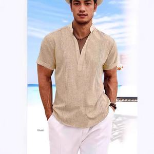 Camisa de lino y algodón con cuello Henry para hombres europeos americanos 2025, Color sólido, manga corta, <span class=keywords><strong>Guayabera</strong></span> cubana, Top informal de un solo pecho - Product Image 3