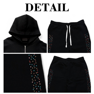 KIingSen Wholesale Custom Terry Breathable 400gsm Winter Acid Washed Rhinestones Men's Zip up Hoodie Sweatpants Street Wear Set - Product Image 6