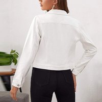 Jaket jins wanita bersaku datar, jaket Denim pendek warna polos putih, jaket jins kasual untuk wanita
