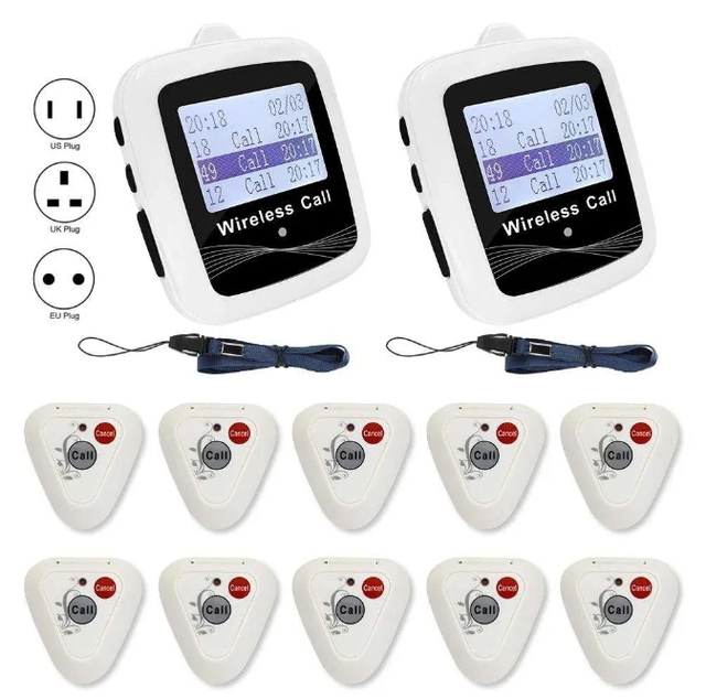 Restaurant Wireless Service Calling System 10 Call Buttons Transmitter CTW07 2PCS Waiter Watch Pager Receiver