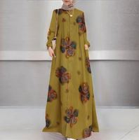 Femmes printemps nouveau coton et chanvre imprimé longue édition Abaya musulman grande taille ample décontracté rétro robe à manches longues