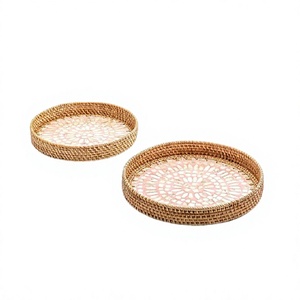 Set Of 2 Different Sizes Food Serving Tray Rattan And Mother of Pearl Dessert Dates Serving Tray For Sale - Product Image 1