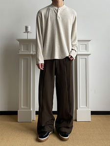 T-shirt à manches longues décontracté pour hommes, fil tricoté 100% <span class=keywords><strong>coton</strong></span>, doux, cireux, élastique, anti-boulochage, coupe ample, court, large et vieux - Product Image 4