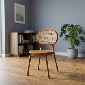 Mid Century Teak Wood <b>Dining</b> <b>Chair</b> with Oval <b>Natural</b> Rattan Backrest - Product Image 1