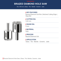 Scie cloche diamantée pour verre électroplaqué, substrat en acier, OEM ODM, logo personnalisé, tailles disponibles