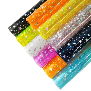 Twinkle Holographic Star Foied Design Star Faux Leather Glitter Transparent PVC Soft Film Roll for Making Clothes Bag Hat Shoes