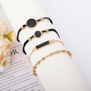 Geometric Black Stone Gold Plated Beaded <b>Bracelets</b> <b>Set</b> Unisex Fashion Jewelry - Product Image 1