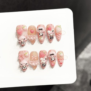 Lot de 10 <span class=keywords><strong>faux</strong></span> <span class=keywords><strong>ongles</strong></span> artisanaux réutilisables roses Kawaii 3D Ours Lapin Fraise Fleur, personnalisables avec logo - Product Image 6