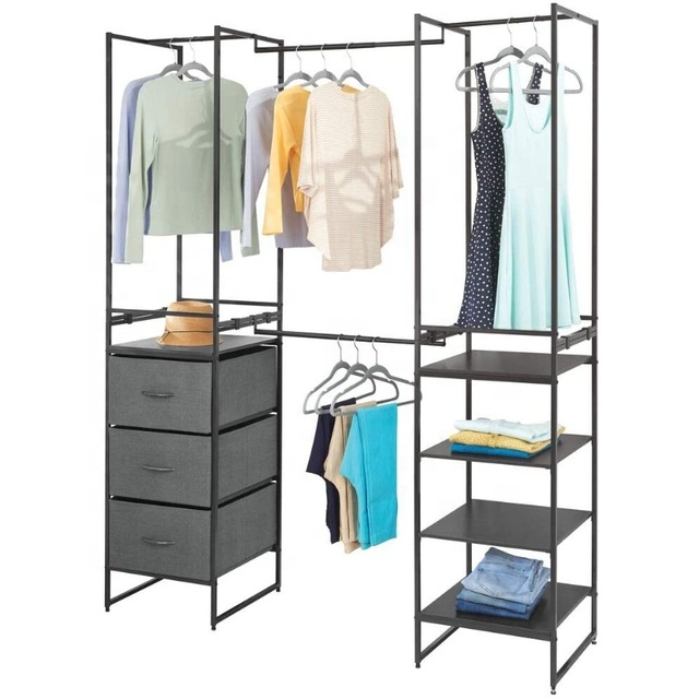 Modular Closet Organizer System Vertical Storage Unit Steel Frame Easy Pull Fabric Bins