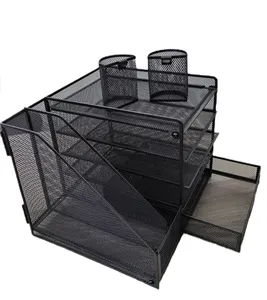 Manufacture Foldable wire mesh metal 5 Tiers Document file desk organizer with Pen Holder and drawer Office Supplies