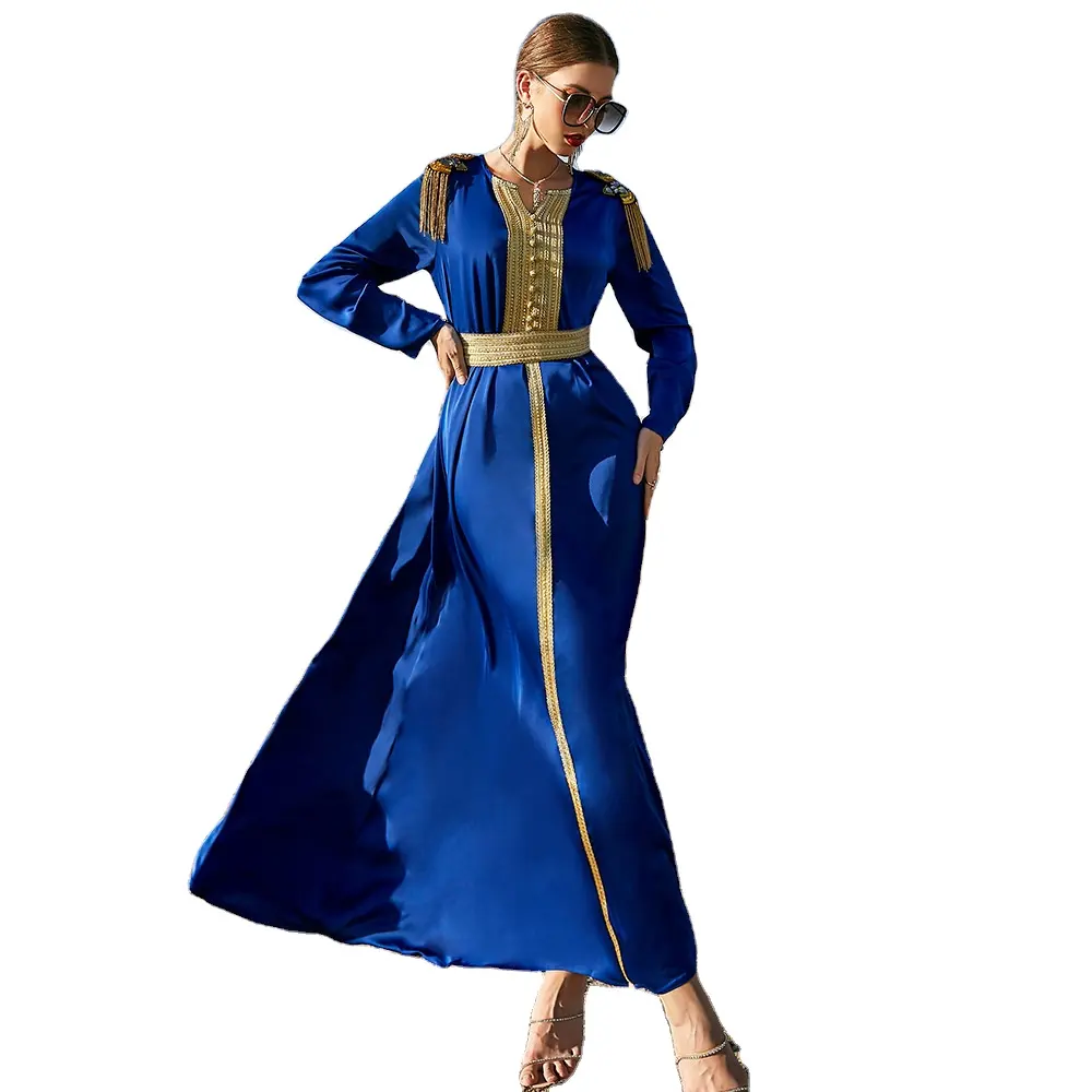 2022 New Design Fashion Islamic Long Dress Muslim Ladies Royal Blue Epaulettes Long Dress Style Abaya Expansion Skirt