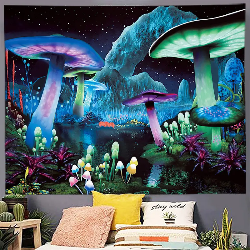 Bedroom New Design Psychedelic Plants Starry Night Wall Hanging Black Light Poster Mural Trippy Mushroom Tapestry For Decoration