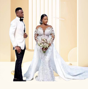 Nouvelle Robe de Mariée Sirène Africaine 2023, Coupe Ajustée, Manches Longues, Dentelle Couleur Chair, Col Rond, avec Liens, Robe de Mariée Nuptiale - Product Image 2