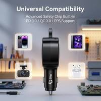 Cargador de Coche con Cable Retráctil Mini, 30W PD Tipo-C, Cable Integrado, Puerto USB-A QC, Adaptador de Corriente para Coche de Carga Rápida, Venta al Por Mayor