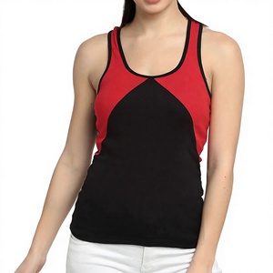 Débardeur Femme Color Block Rouge et Noir Col Rond Décontracté Respirant en Polyester Tricoté - Product Image 1
