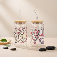 Mug en verre borosilicate en forme de canette pour café, bière, cola, avec couvercle en bambou et paille, idéal pour les fêtes et Halloween, cadeau