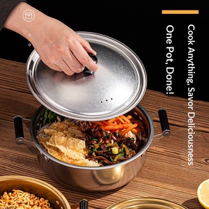 Pot à nouilles instantanées en acier inoxydable 304, durable, pour une personne, style coréen, petit pot à soupe/chaud, avec couvercle et double poignée pour ramen - Product Image 1