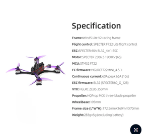 V2 Wind5ไลต์ <span class=keywords><strong>Hglrc</strong></span> 5นิ้ว FPV Racing BNF elrs 2.4G 6S 195mm ผู้ชมระยะฐานล้อ <span class=keywords><strong>F722</strong></span> Lite 350mW vtx - Product Image 3