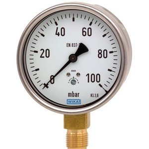 Manomètre à diaphragme WiKA 0-100 mbar, boîtier en acier inoxydable, raccord en laiton, usage industriel - Product Image 1