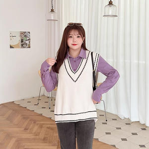 Gilet tricoté à col en V Runqi pour femme, grande taille, style preppy, blanc, noir, caramel, fibre acrylique N8496 - Product Image 2