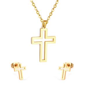 Nouvelle Collection de Bijoux de Mariée en Acier Inoxydable : Parure Collier Pendentif Croix Creuse et Boucles d'Oreilles Clous – Vente en Gros - Product Image 2