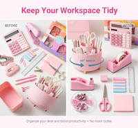 Ensemble d'organisateurs de bureau en plastique rose personnalisé, kit d'accessoires de papeterie esthétiques, distributeur de ruban adhésif, agrafeuse, ciseaux, calculatrice, pour étudiants
