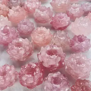 Natural high quality healing rose quartz crystal flower carving reiki pink crystal lotus for meditation decoration