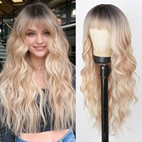 Perruque synthétique longue et bouclée pour femme, dégradé noir et marron, ondulations profondes, boucles françaises, franges, couvre-tête complet – Grande Vente