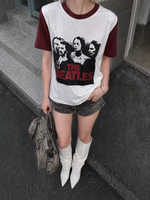 T-shirt vintage à imprimé groupe, manches raglan contrastantes rouge bordeaux, en coton, style rock, unisexe
