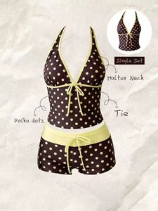 Women Swimwear <b>Polka</b> <b>Dot</b> 2-Piece Tankini Set Deep V Lace-up Neck Front Tie Cami Top & Contrast Waistband Drawstring Swim Shorts - Product Image 3