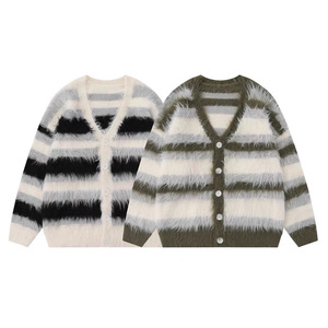 Women's Striped Mink Fur Knitted <b>Cardigan</b> Loose Fit Single Breasted Vintage Style Autumn Winter Sweater Coat - Product Image 5