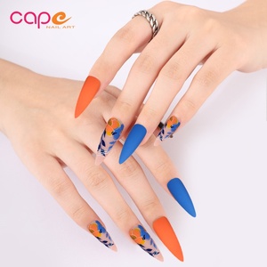 Ongles à presser longs et pointus avec motifs de feuilles et de fleurs colorées, 24 pièces/boîte, accessoires inclus pour utilisation sur les doigts - Product Image 1