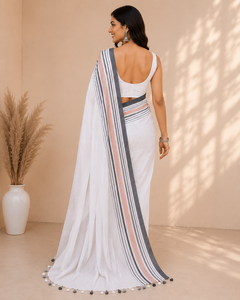Elegante Sari Blanco de Mezcla de Algodón para Mujer con Tela Suave y Transpirable y Estilo Étnico Indio Clásico, Ligero y Cómodo - Product Image 3