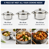 Nouvel Arrivage Usine – Ensemble de 6 Pièces de Batterie de Cuisine en Acier Inoxydable, Casseroles et Marmites Polyvalentes Personnalisables pour la Vente en Gros