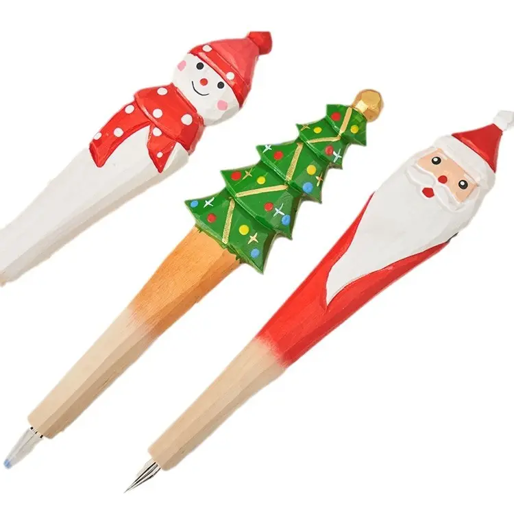 Christmas Gift Pen Wood Holiday Writing Pen Christmas Tree Santa Snowman Style Log Engraving Pen New Year Party Stationery