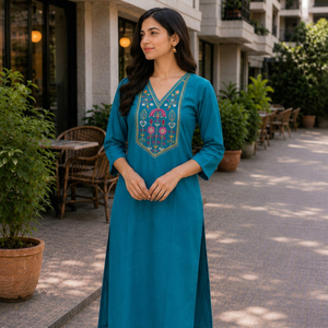 Women's Teal Cotton Kurta V Neck Embroidered Traditional Loose Fit <b>Midi</b> Length Casual Wear India Pakistan Style - Product Image 1