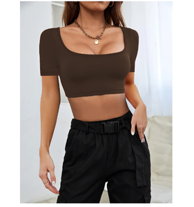 D-05058 2024 été nouveau sport décontracté vêtements pour femmes tronqué tricoté haute élastique à manches courtes T-shirt haut - Product Image 5