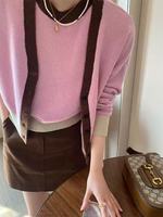 Vente en gros de cardigan en cachemire 100% pour femmes, couleur rose assortie, manches longues, tricoté, style rétro, ensemble de pull et de veste à manches courtes.