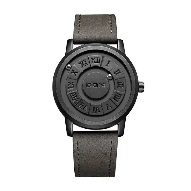 DOM 1345 Watch Men Fashion New Scrolling Pointer força magnética Quartz Relógios Mens Relógios De Pulso De Couro Genuíno relojes hombre