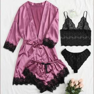 Conjunto de ropa de dormir Pijamas de noche Ropa de dormir para mujer Pijamas sexy Mujeres Lujo Rosa Satén Bata de encaje - Product Image 3
