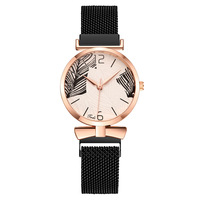 Montre Femme Tendance à Motif Feuille Artistique, Bracelet Magnétique, Montre-Bracelet à Quartz pour Paresseuses, Modèle Femme, Vente Chaude à l'Export