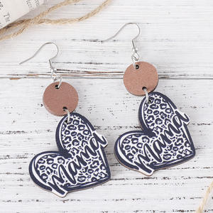 Boucles d'oreilles en bois fête des mères cadeau MAMA imprimé léopard coeur cercle pendentif boucles d'oreilles pour femmes Uionen 1143 - Product Image 2